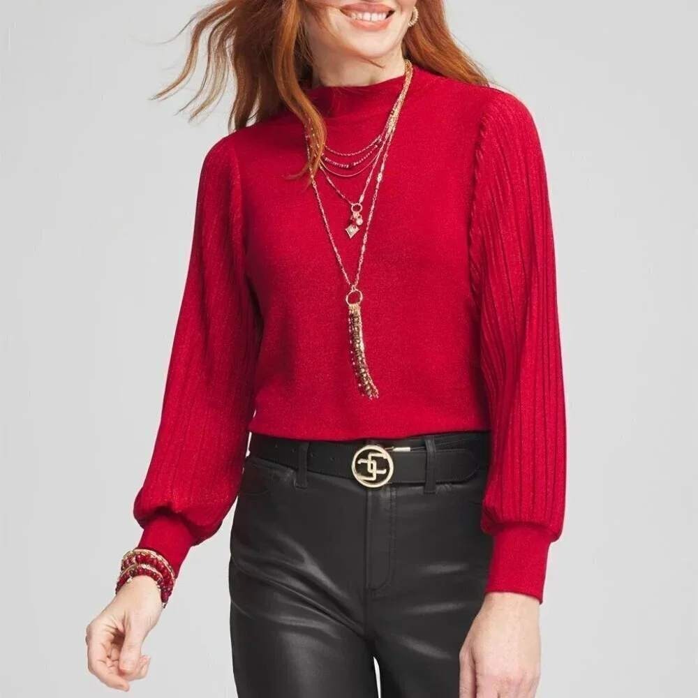 Chico's Shimmer Mock Neck Top Women's XL Red Metallic Holiday Balloon Sleeve